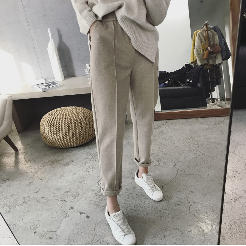 秋冬毛呢加厚哈伦裤女宽松萝卜西装长裤胖mm大码直筒小脚休闲裤子