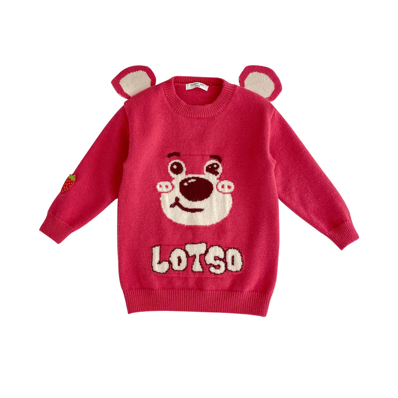 2023 Otoño e Invierno nueva dulce niña fresa oso coolomi tridimensional de dibujos animados lindo vestido de suéter