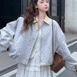 蓝色小碎花短外套女小个子2026春新款韩版休闲减龄设计感甜酷夹克