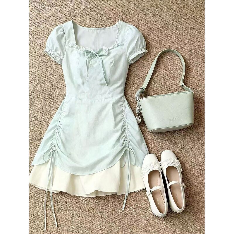 In-Stock Vanilla Pudding Sweet Style Square-Neck Jacquard Dress for Women, Waist-Cinching, Green Floral Short Skirt for Summer