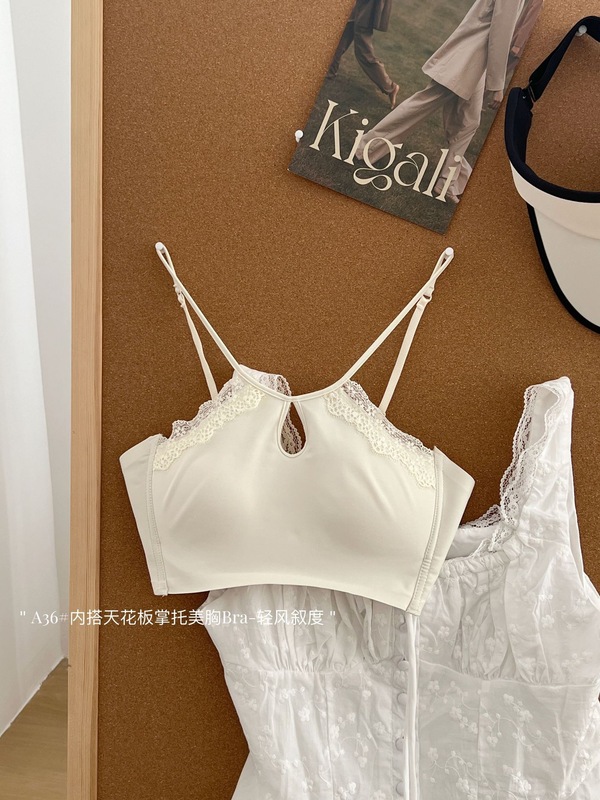 纯欲甜辣蕾丝挂脖内衣女小胸聚拢细肩带中式抹胸运动美背心式文胸|undefined