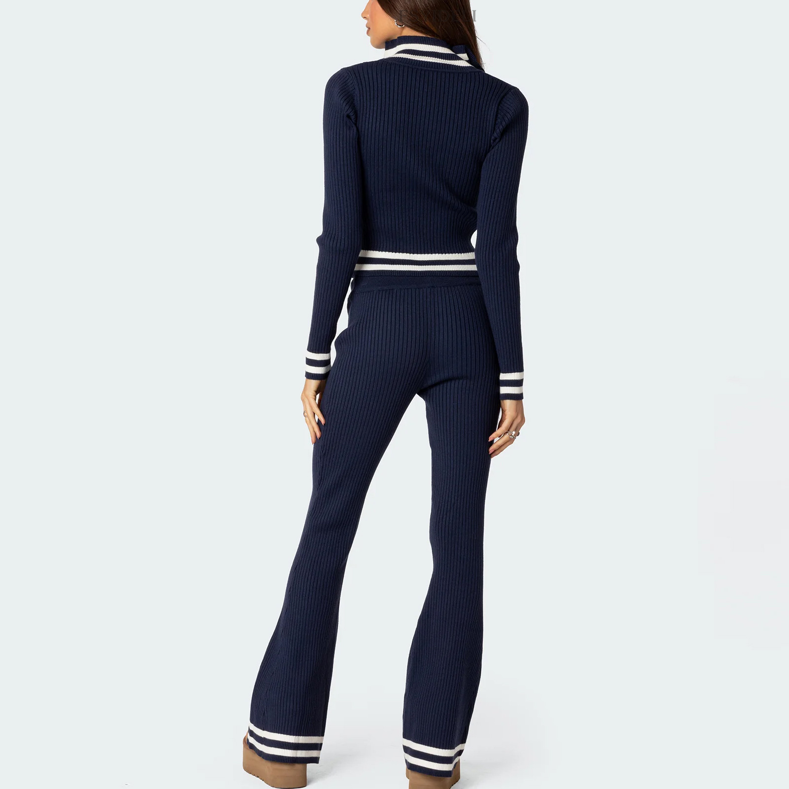 Damer Casual och mångsidig stand-up krage slim-fit topp + byxor casual tröja i två delar_voghion.com