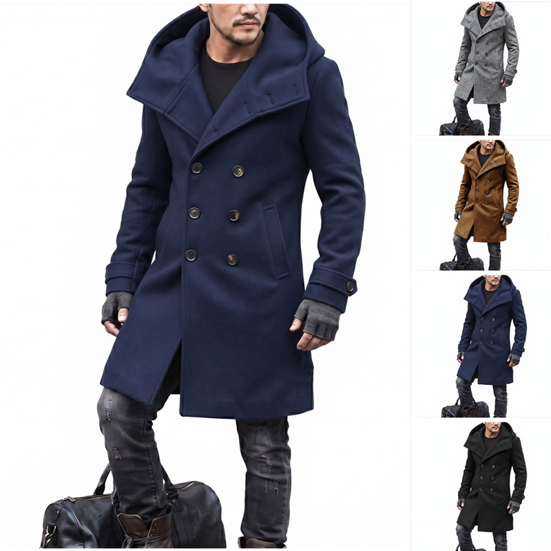 2026 Autumn/Winter Men's Woolen Coat, Mid-Length, Double-Breasted, European Style, Hooded Jacket, AliExpress European Size 2026 Autumn/Winter Men's Woolen Coat, Mid-Length, Double-Breasted, European Style, Hooded Jacket, AliExpress European Size