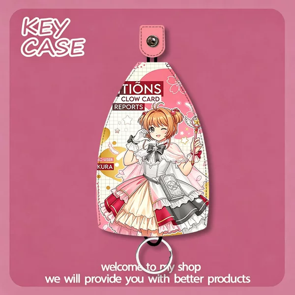 Cardcaptor Sakura cartoon key case, new pull-out leather key pouch, PU leather high-end key storage bag