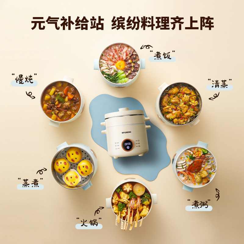 HYUNDAI多功能迷你电煮锅 热销电饭煲小型煲汤锅2L【不锈钢蒸笼】|undefined