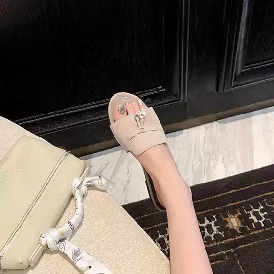 【 Grape Mom Same Style 】 Wife Drag~Retro Old Money Tassel Lock Flat Flat One Word Slippers Women's Cool Drag Outerwear