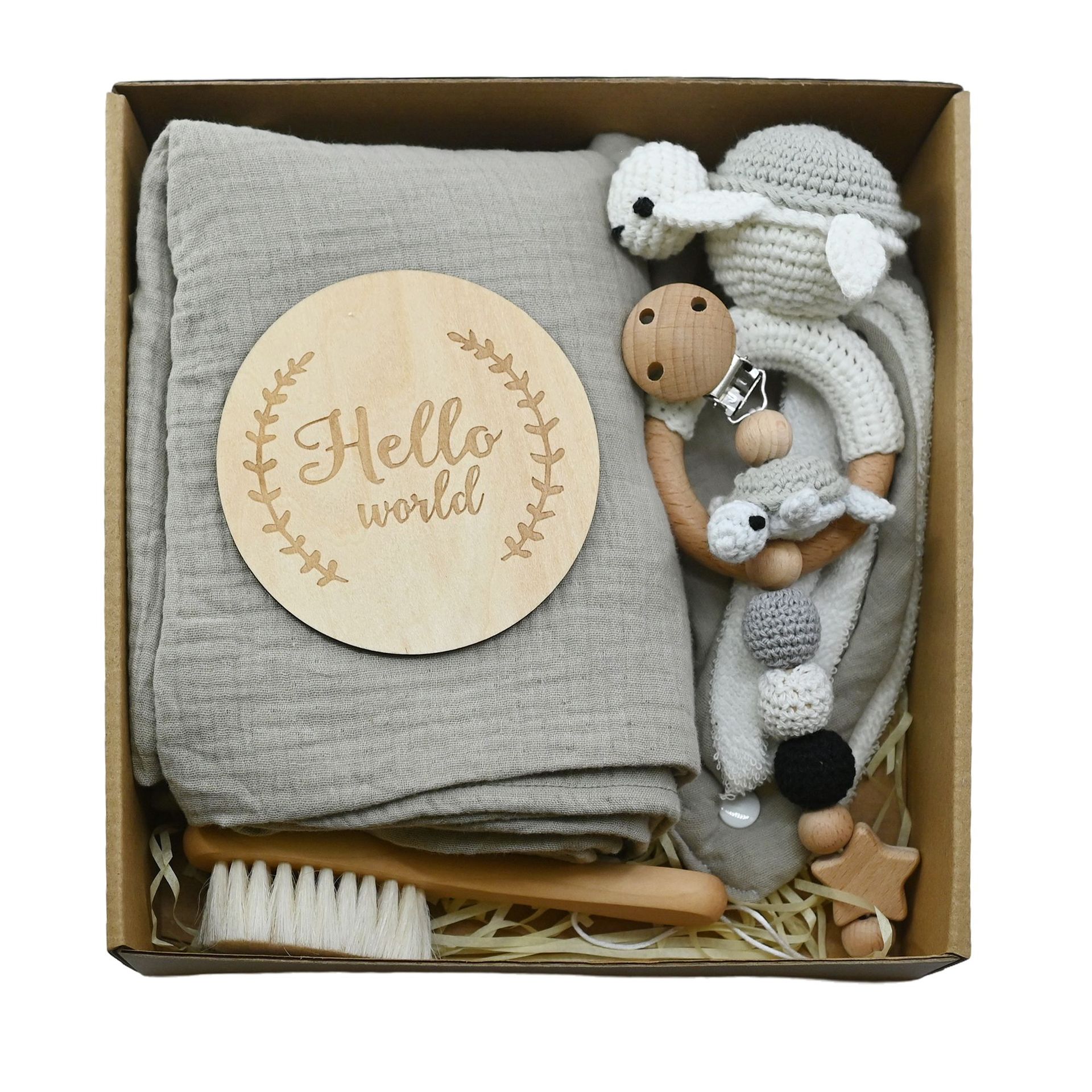 Nuevo bebé animal crochet campana de madera caja de regalo de nacimiento juego cadena de chupete bebé nacimiento luna llena regalo
