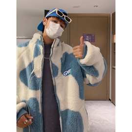 羊羔毛开衫卫衣男冬季潮牌ins港风宽松立领外套潮流加绒保暖上衣