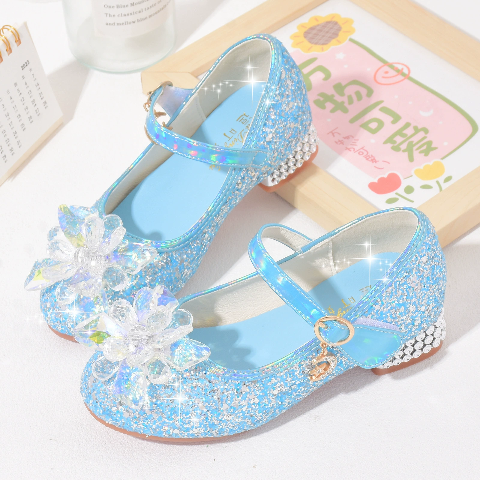 Детская кожаная обувь, новинка на весну и осень, туфли принцессы на высоком каблуке, большие детские часы, демонстрационная модель, обувь со стразами для девочек