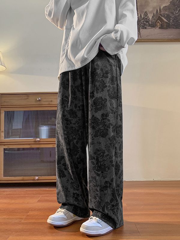 Pantalones vintage marrón Jacquard completo impreso overoles de pierna ancha primavera americana calle pantalones casuales sueltos