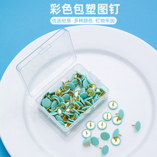 工厂直销彩色包塑图钉100只盒装平头图钉办公软木板照片墙按钉