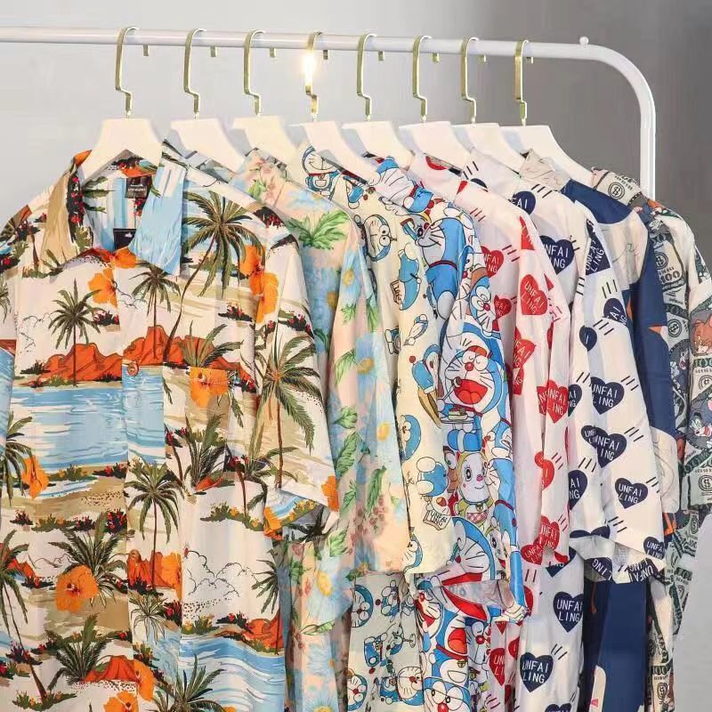 Hong Kong Style Retro 12Vitage Flower Shirt Short-Sleeved Thai Hawaiian Style Design Handsome Loose Shirt for Men and Women