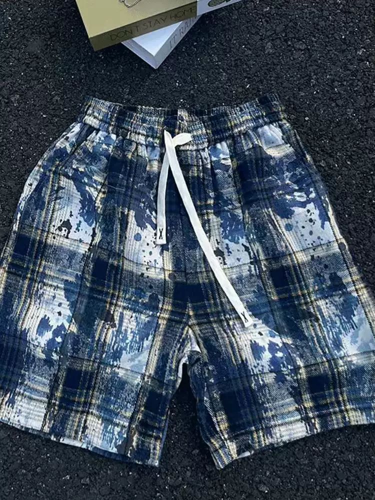 Trendy High Street Casual Retro Tie Dye Plaid Shorts Loose Fit For Men And Women Suitable For Wearing Outside And At The Beach_viptrois.com