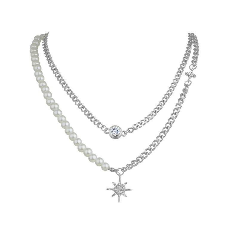 South Korea double layered necklace star pearl splicing stainless steel clavicle chainpicture5