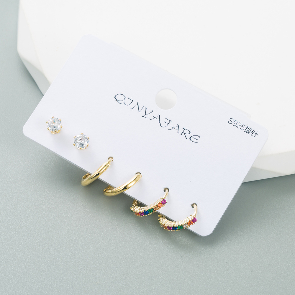 Fashion C Shape Copper Earrings Plating Inlay Zircon Copper Earrings 3 Pairs