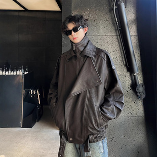 Leather Jacket Men's 2024 Spring and Autum New American Retro Cleanfit Handsome Loose Pu Leather Stand Collar Jacket