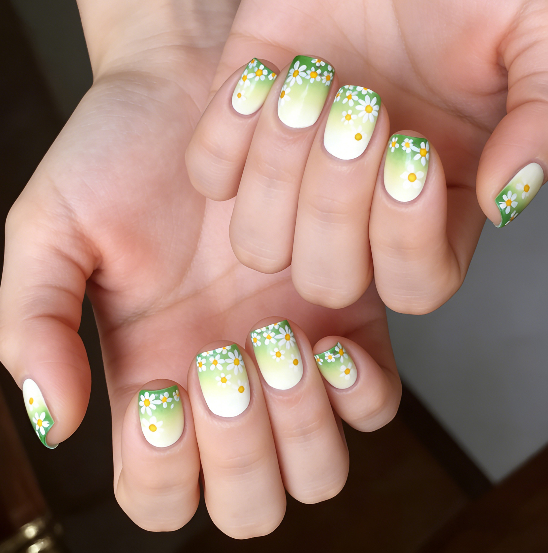 Unas falsas de color blanco verde-blanco gradiente pintadas a mano, patrón de margarita, 24 piezas de parche de uñas cuadradas cortas