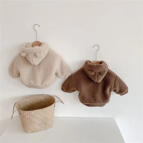 Winter Korean version of boys and girls baby style thickened lambswool warm bear hooded coat cotton clothing trendy