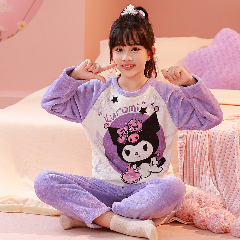 2025 invierno ropa infantil de franela dibujos animados cuello redondo pijamas de manga larga niñas chaqueta caliente set de ropa para el hogar supermercado