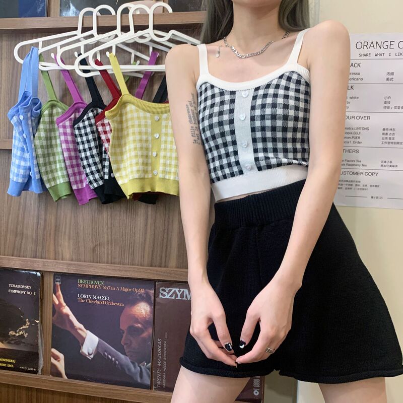 2022 Summer New Retro All-match Love Button Slim-fit Plaid Knitted Camisole Women's Top 2022 Summer New Retro All-match Love Button Slim-fit Plaid Knitted Camisole Women's Top