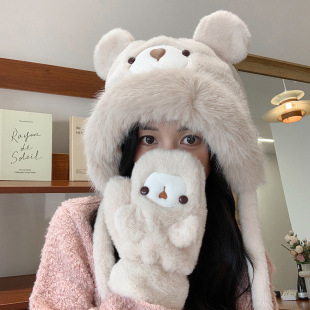 Stuffed Hat Women's Winter New Cute Cartoon Bear Thickeneded Cycling Student Ear Protection Warm Lei Feng Hat Gloves