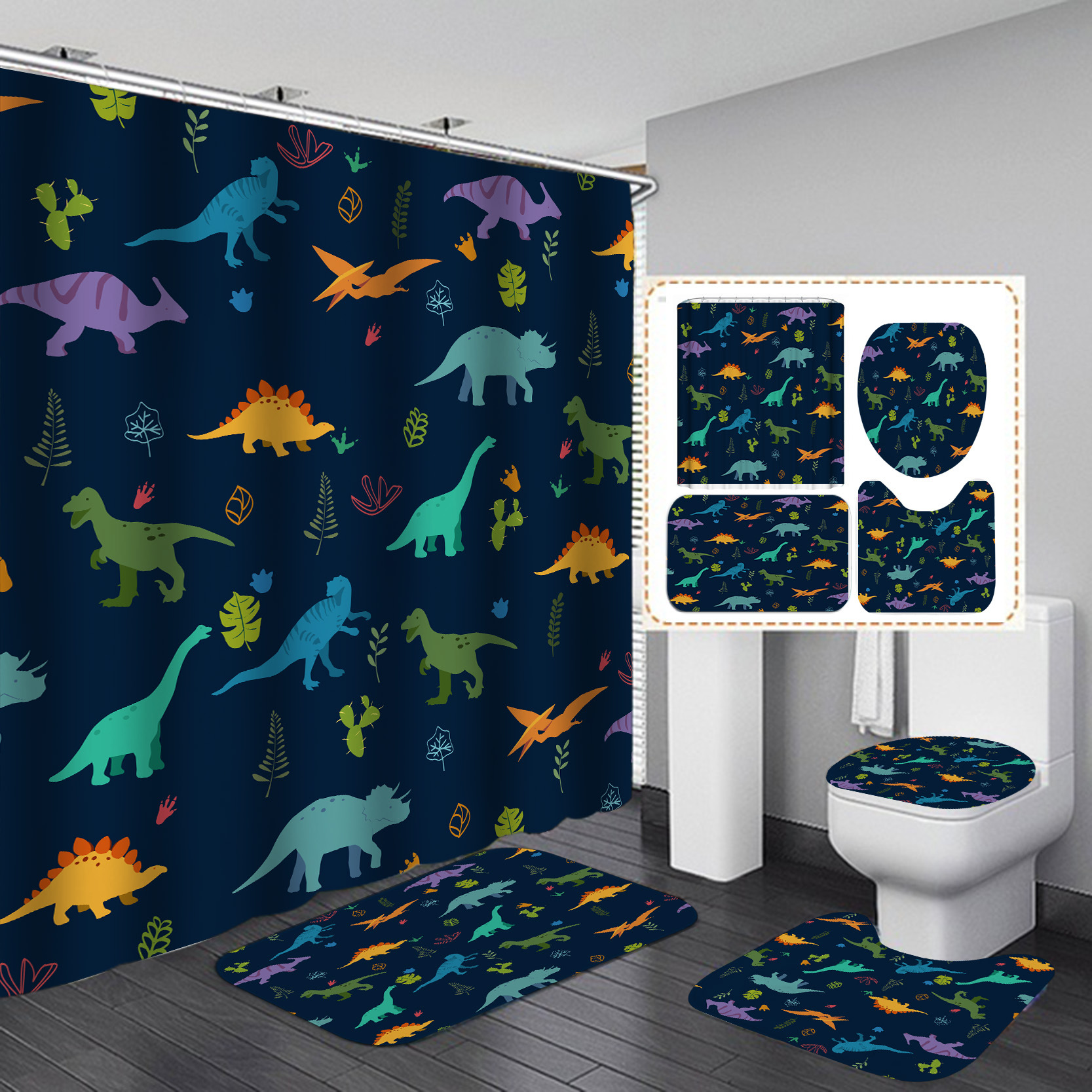 Cortina de ducha de baño de serie de dibujos animados de dinosaurio de impresión digital HD transfronteriza con 12 ganchos de plástico de tipo C