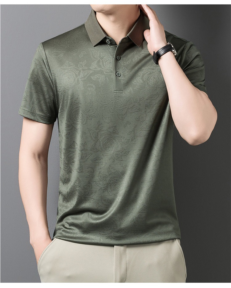 Áo polo nam tay ngắn lụa tơ tằm cao cấp cổ bẻ jacquard họa tiết nổi — Xanh lá cây 9607 chi tiết 17