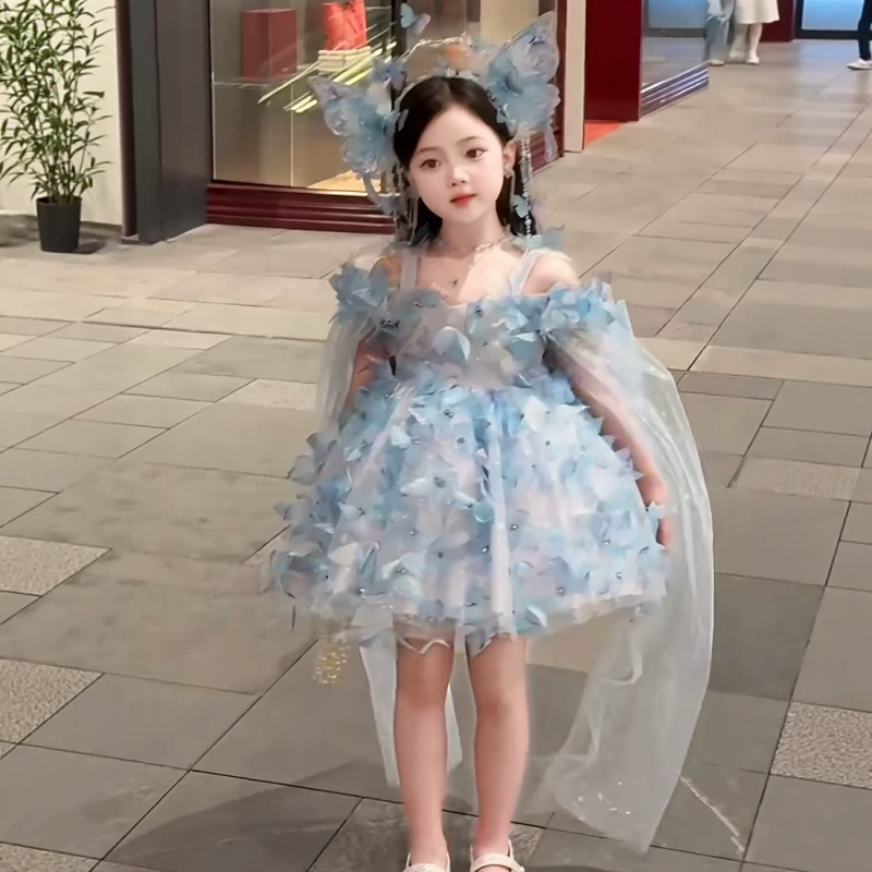 Mädchen blaues Schmetterlings-Geburtstags-Prinzessinnen-Tutu-Kleid, Kinder-Gastgeberinnen-Modisches Kinderkleid, Neu eingetroffen, Baby-Mädchen-Kleidung (0-3 Jahre)_voghion.com