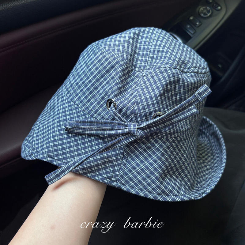 Export to Japan! Miu Sweet Navy Blue Plaid Fisherman Hat Women's New Summer Big Eave Sunshade Sunscreen Basin Hat None Export to Japan! Miu Sweet Navy Blue Plaid Fisherman Hat Women's New Summer Big Eave Sunshade Sunscreen Basin Hat None