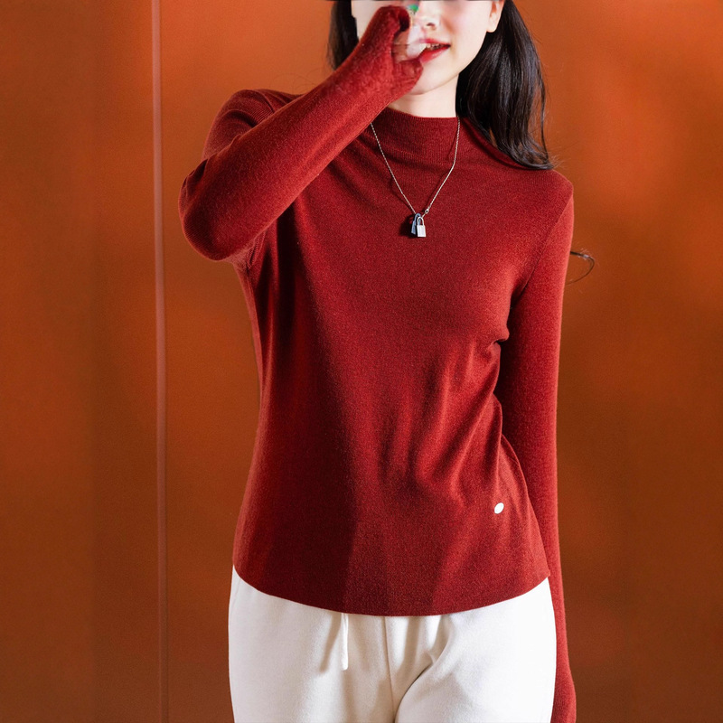 Sheep Wool and Mulberry Silk Blended Soft and Comfortable Fashionable Half Turtleneck Pure Color Long-Sleeved Knitted Sweater Bottoming Shirt for Autumn and Winter