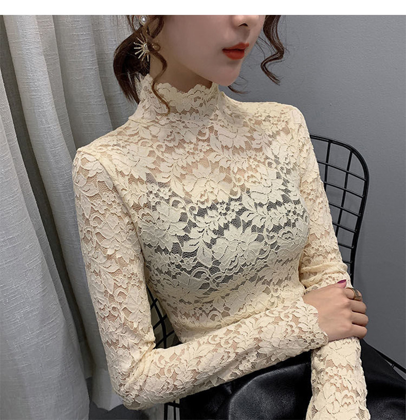 Haut col montant en dentelle transparente – Chemisier élégant à découpes florales et manches pétales (M-XXL, blanc/noir/nude, polyvalent du bureau au dîner)_voghion.com