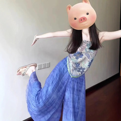 海边度假风穿搭套装辣妹蓝色印花露肩上衣晕染阔腿裙裤两件套女潮