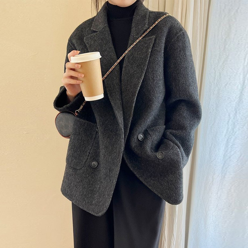 Double-Sided Elegant Cashmere Wool Coat for Women, New Style for Petite Figures, Mid-Length, High-End Suit-Style Woolen Jacket