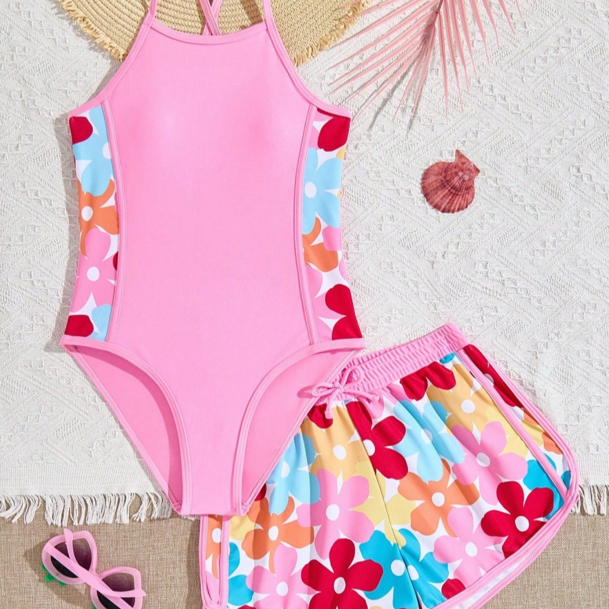 2025 New Mesh Three-Piece Children's Swimsuit for Girls, Cross-Border Amazon Printed Two-Piece Swimsuit for Middle-Aged Children