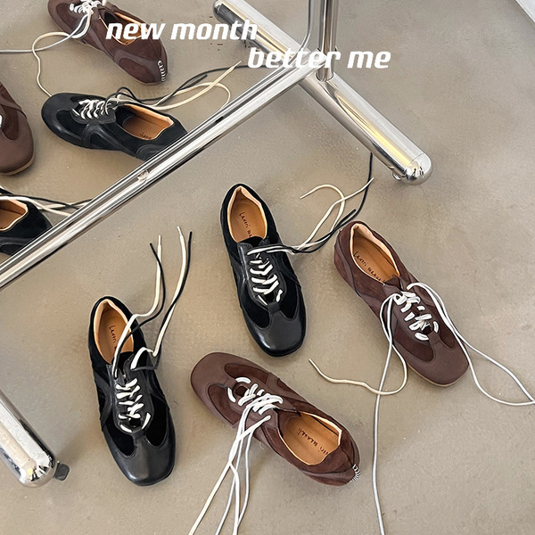 Autumn leather two-color retro sneakers with shoelaces
