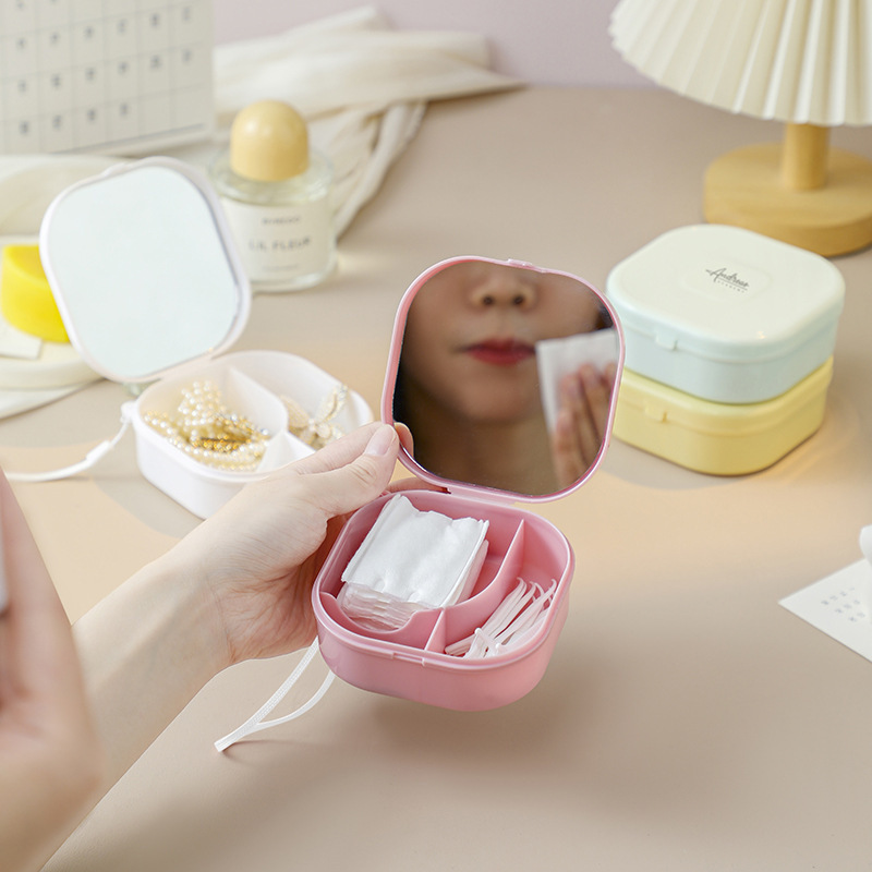 便携式化妆棉收纳盒项链耳环戒指分格盒旅行饰品棉签整理盒带镜子|undefined