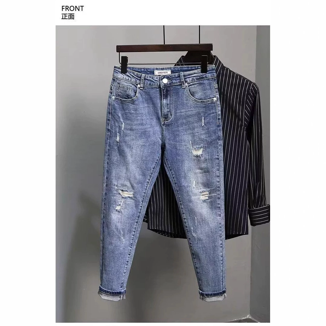 Летние трендовые джинсы, синие эластичные универсальные брюки, slim fit