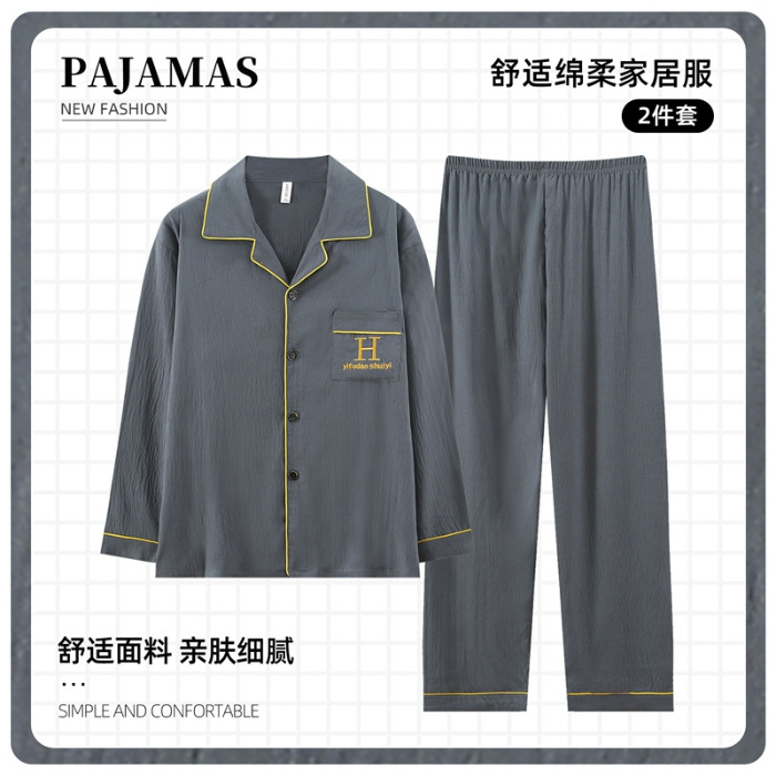 2025 otoño de algodón de punto cardigan con solapa mangas largas pantalones largos pijamas para hombres ropa casera casual simple de mediana edad al por mayor