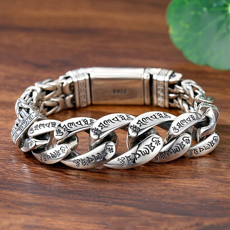 Xiru new jewelry men's personality domineering six words mantra safety pattern lucky bracelet vintage silver chain factory direct sales