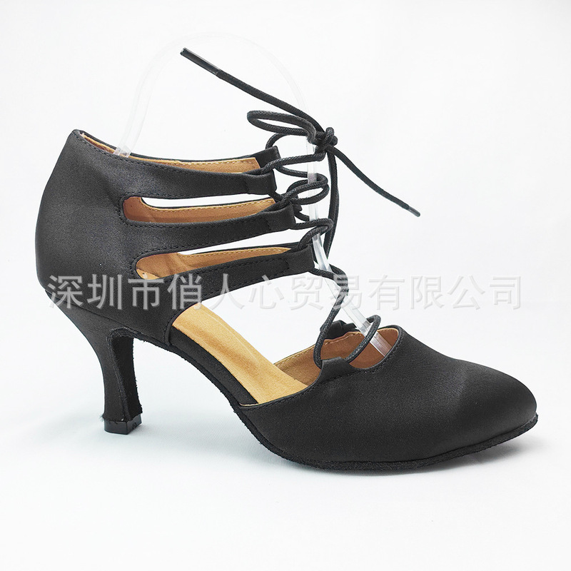 Cross-Border New Black Latin Dance Shoes for Women Adult High-Heeled Dance Shoes Baotou Ballroom Dance Shoes Manufacturer