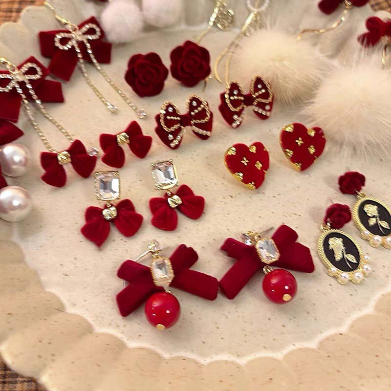 Red demi-season universal fashionable elegant earrings with bow