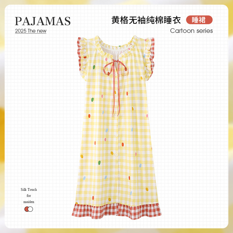 日系甜美可爱卡通格子无袖睡裙女情侣睡衣裙夏纯棉小飞袖男家居服|undefined