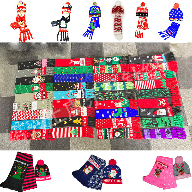 Fabricante transfronterizo de gorros navideños europeos y americanos tejidos en jacquard, gorros navideños de lana con luces LED, gorros navideños con pompón y bufandas. image 3