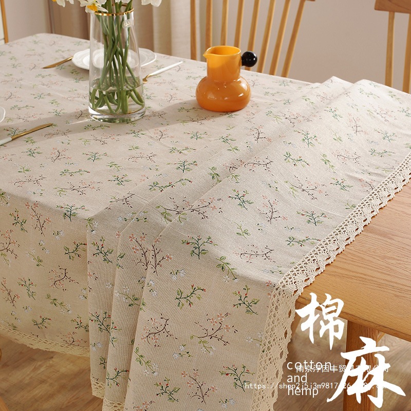 Grass Green Cotton and Linen Printed Tablecloth Floral Ins Style Photo Picnic Cloth Background Cloth Literary Dormitory Desk Cloth
