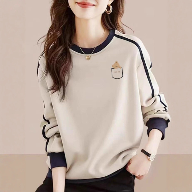 European Pure Cotton Round Neck Sweatshirt for Women 2025 Autumn and Winter New Style Contrasting Color Splicing Design Pullover Casual Top Jacket