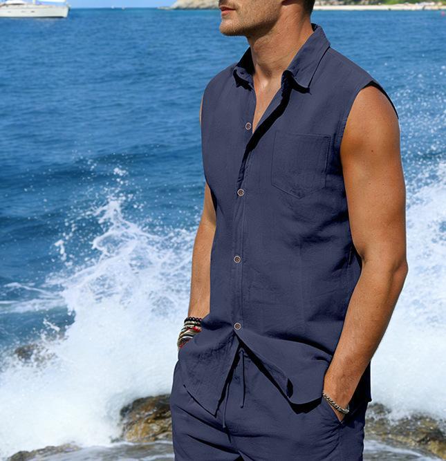 Chaleco de lino sin mangas para hombre estilo casual verano_voghion.com