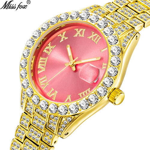 MISSFOX watch cross-border hot sale fashionable Roman full diamond calendar waterproof luminous women's watch