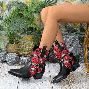 2024 Autumn New Large Print Versatile Pointed Coarse Heel Splicing Mid heeled Boots with Chain and Ankle for Women_voghion.com