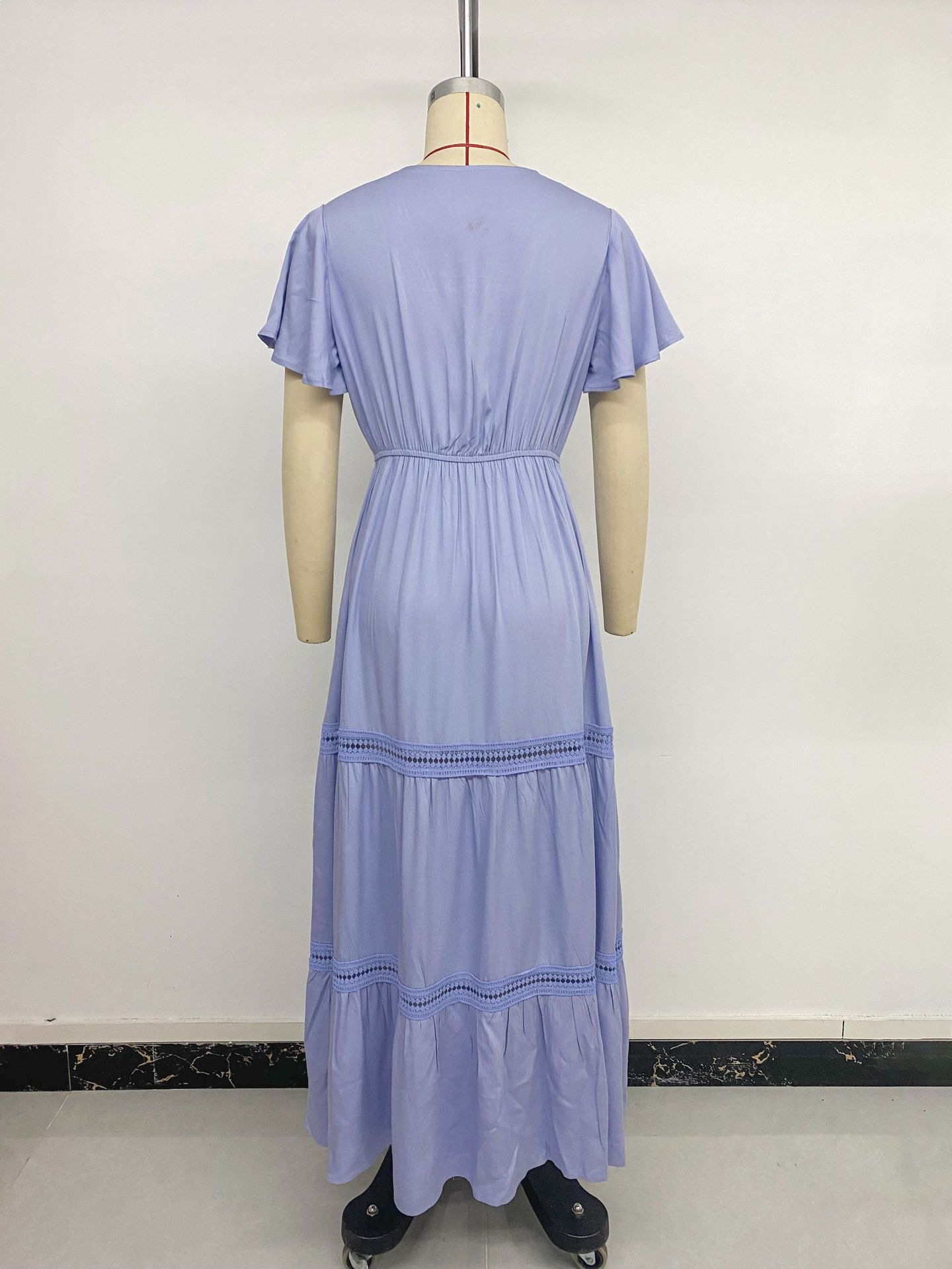 Women's Clothing Elegant Style Women's Long Sleeve Lace Ruffle Sleeve V Neck Solid Color Dress Full Skirt Fashion_ecoleips.com