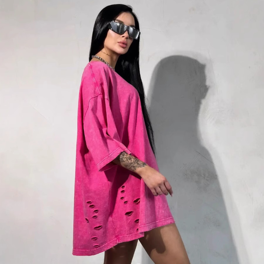 Amazon ins lavado retro agujero marca de moda algodón de manga corta blusa suelta camiseta 2024 casual versátil